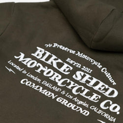 Green Bike Shed Motorcycle Co. Good Times Hooded Sweatshirt - back detail