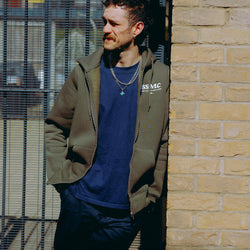 Model wearing Green Bike Shed Motorcycle Co. Good Times Hooded Sweatshirt