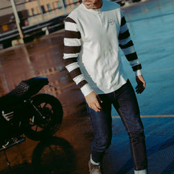 Rocker Long Sleeve Motorcycle Waffle Shirt - Cream/Black