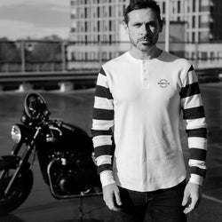Rocker Long Sleeve Motorcycle Waffle Shirt - Cream/Black