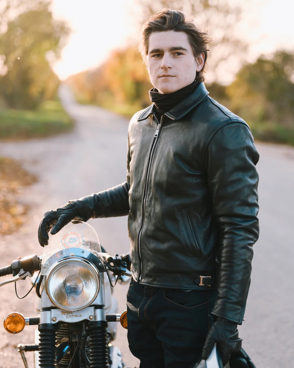 Goldtop 1958 Leather Motorcycle Jacket black worn by model