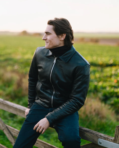 Goldtop 1958 Leather Motorcycle Jacket black worn by model