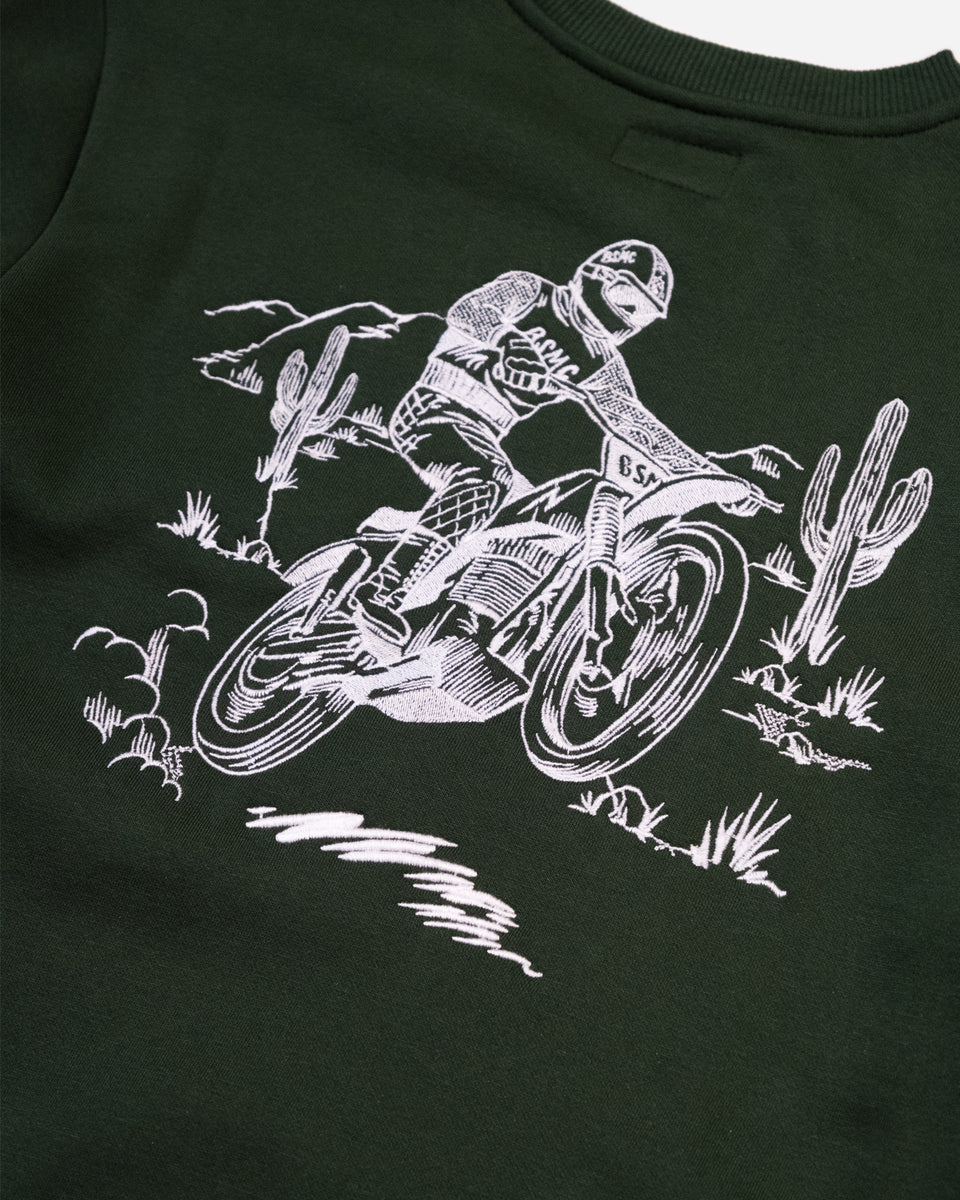 Bike Shed Desert Race Sweatshirt Green Studio Image Rear Logo Close Up