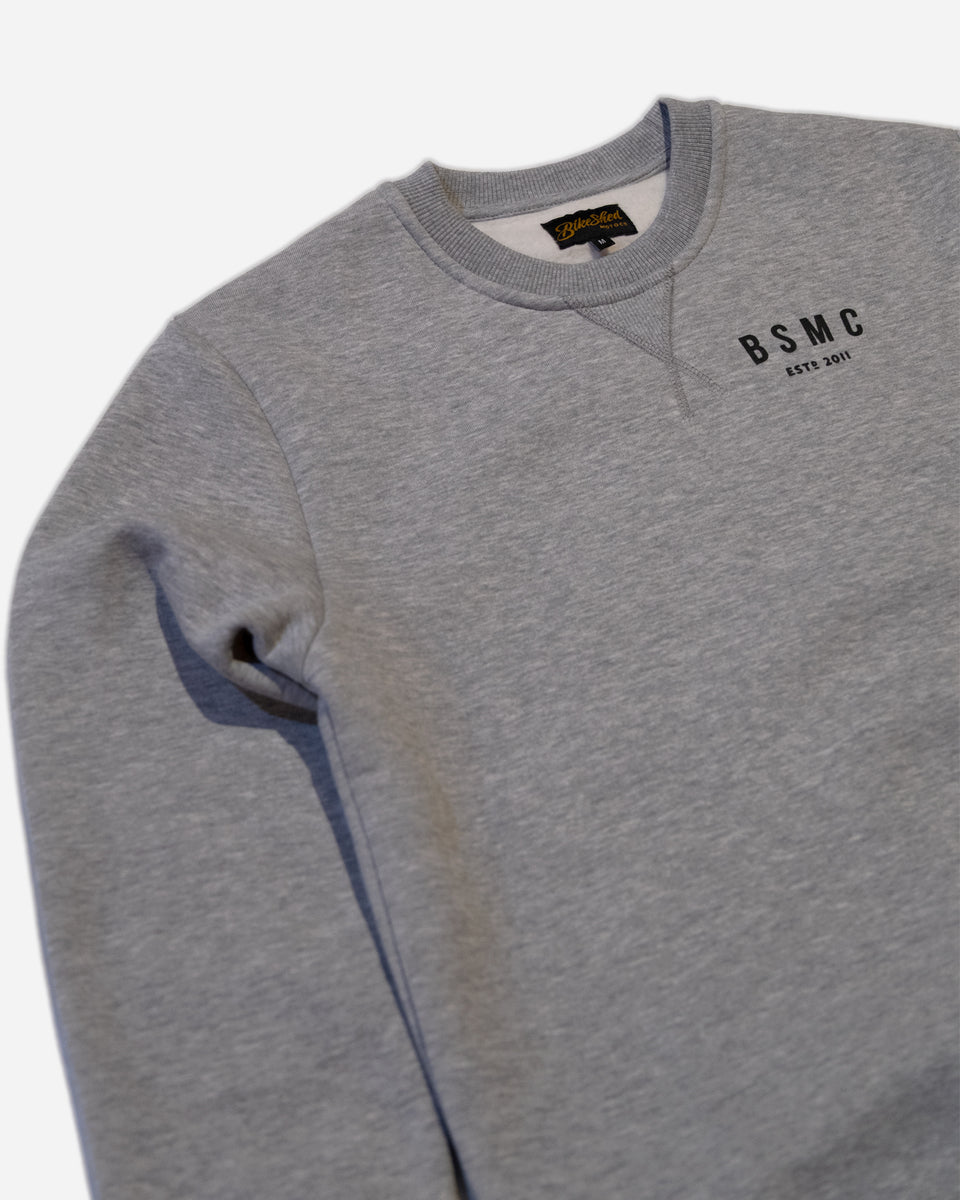 Bike Shed ESTD Sweatshirt Grey MKII Studio Image Front Side Close Up