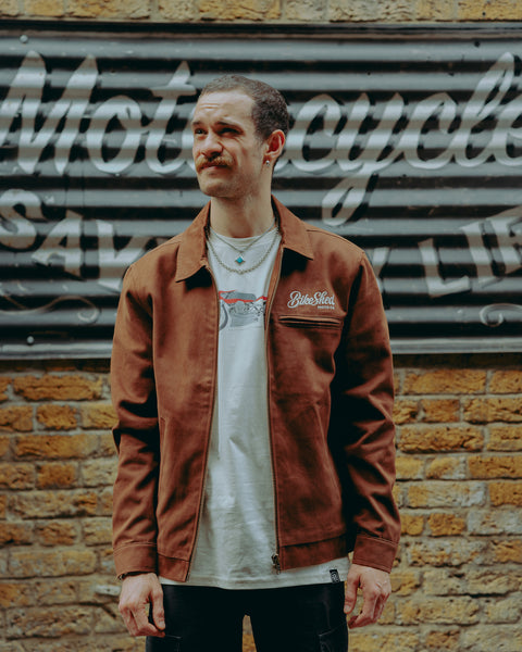 Model wearing our Brown Twill Motorcycle jacket