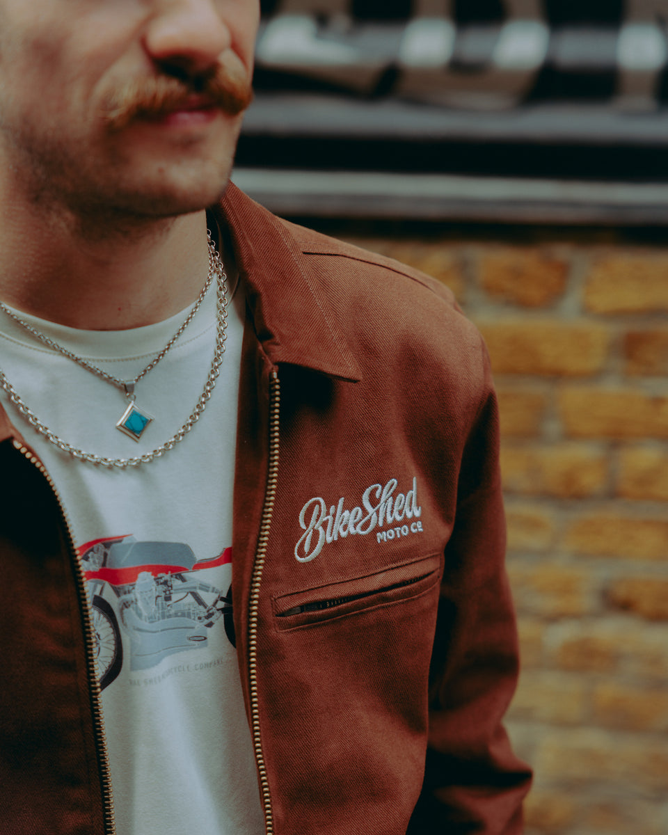 Brown Twill Motorcycle jacket logo detail