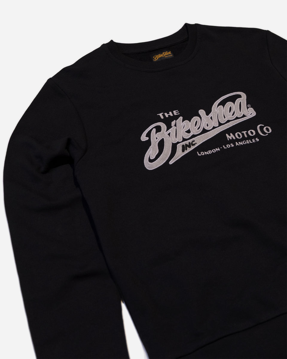 Bike Shed Inc Applique Sweat Black Studio Image Front Side Close Up