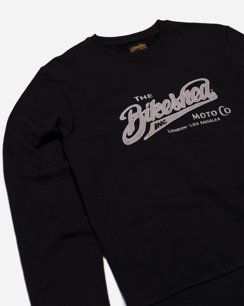 Bike Shed Inc Applique Sweat Black Studio Image Front Side Close Up
