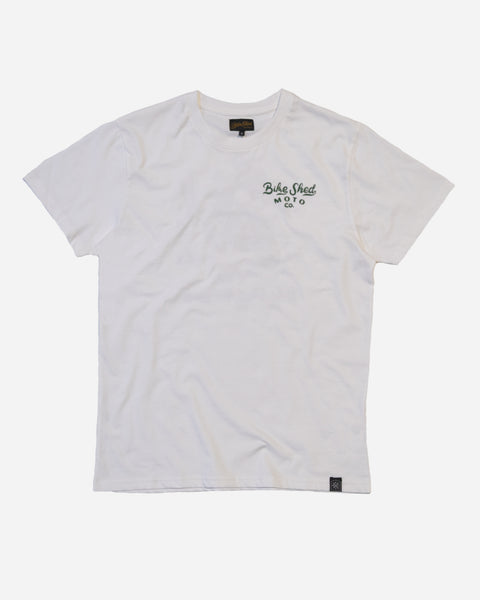 White t-shirt with dark green Bike Shed Moto Co logo text on a white background
