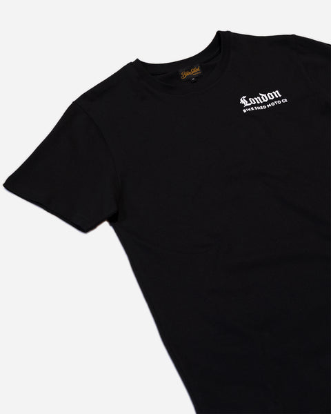 Bike Shed Olde London T-Shirt Black Studio Image Front Side