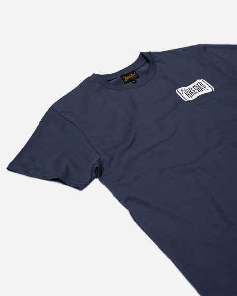 Navy blue t-shirt with 'Moto Bikeshed co'  logo - front detail