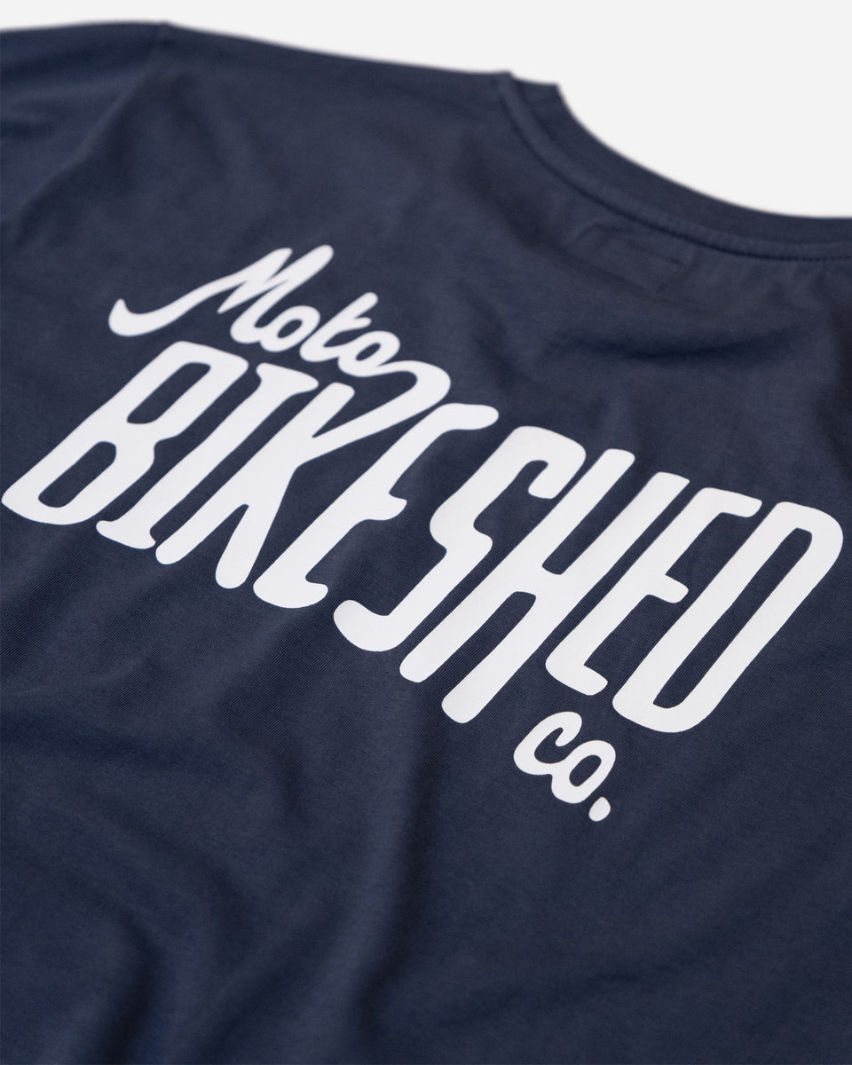 Navy blue t-shirt with 'Moto Bikeshed co'  logo - back detail