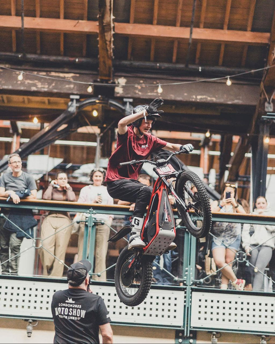 Model wearing burgundy Good Times Motorcycle Logo T-Shirt