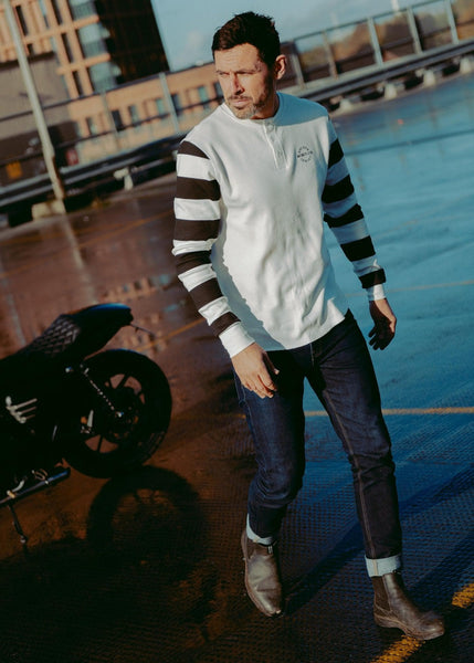 Rocker Long Sleeve Motorcycle Waffle Shirt - Cream/Black