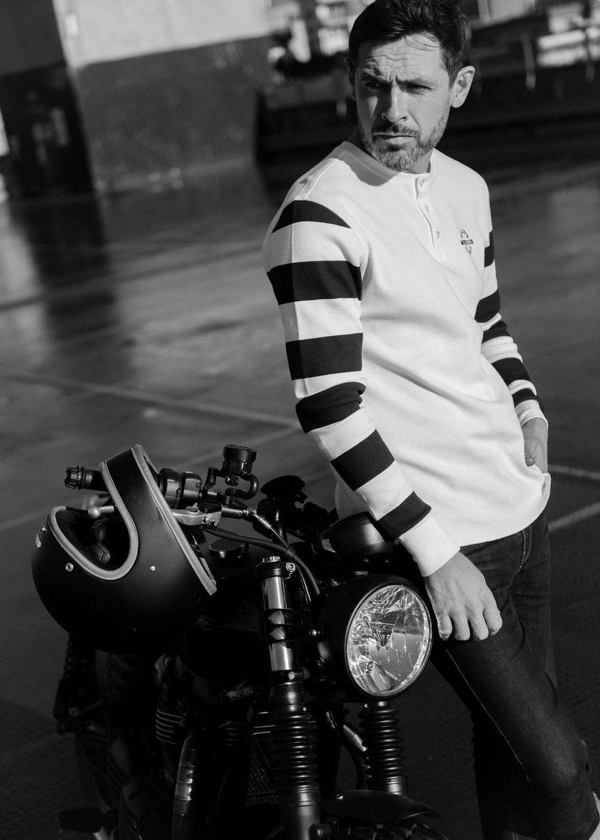 Rocker Long Sleeve Motorcycle Waffle Shirt - Cream/Black