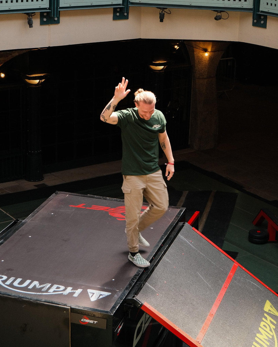 Model wearing green BSMC Logo Shoreditch Motorcycle T-Shirt