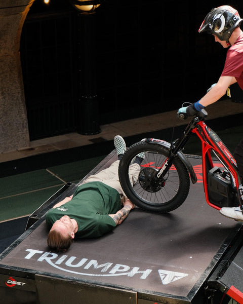 Model wearing green BSMC Logo Shoreditch Motorcycle T-Shirt