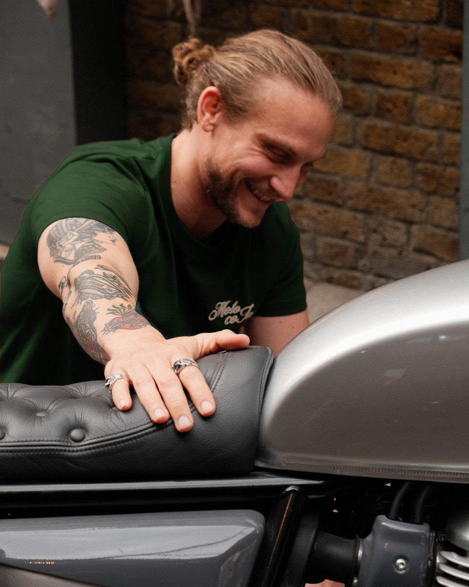 Model wearing our green BSMC Logo Shoreditch Motorcycle T-Shirt